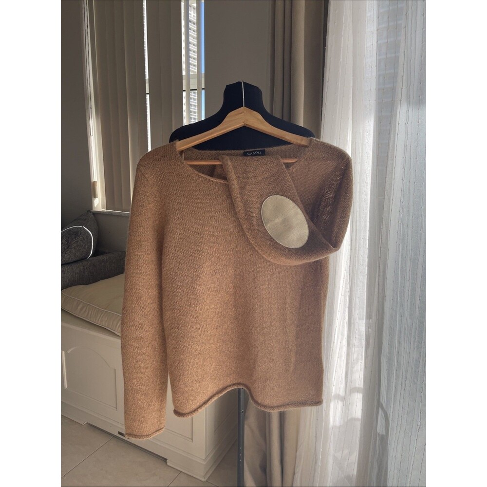 CAROLL Paris Lightweight Wool Mohair Blend Tan Sweater Gold Elbow Patch L